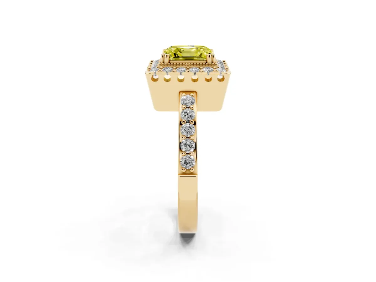 Fancy Yellow Asscher Cut Diamond Halo Ring with Pavé Band and Prong Setting Yellow gold