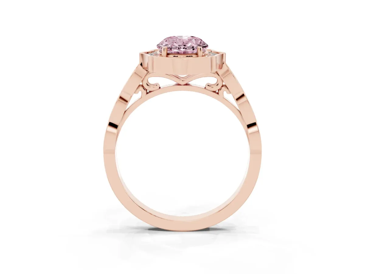 Fancy Pink Oval Cut Halo Diamond Engagement Ring with Milgrain Band and Four-Prong Setting Rose gold