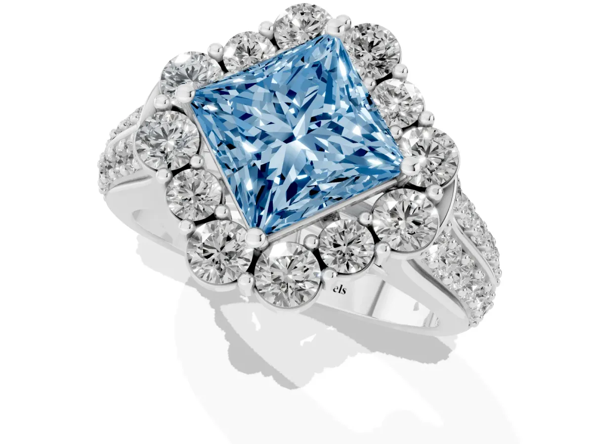 Fancy Blue Princess Cut Halo Diamond Engagement Ring with Split Shank and Prong Setting Silver