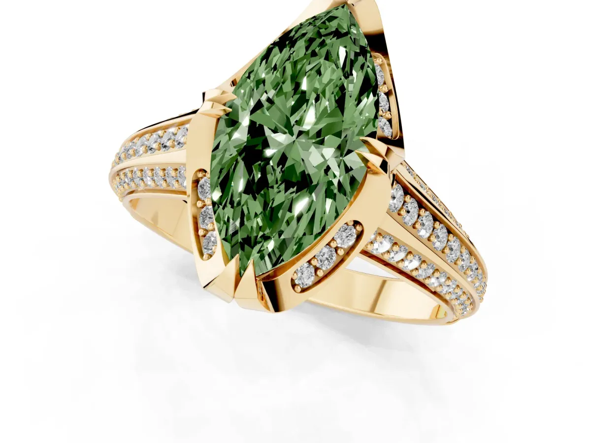 Fancy Green Marquise Cut Solitaire Pave Split Shank Ring with Four-Prong Setting Yellow gold