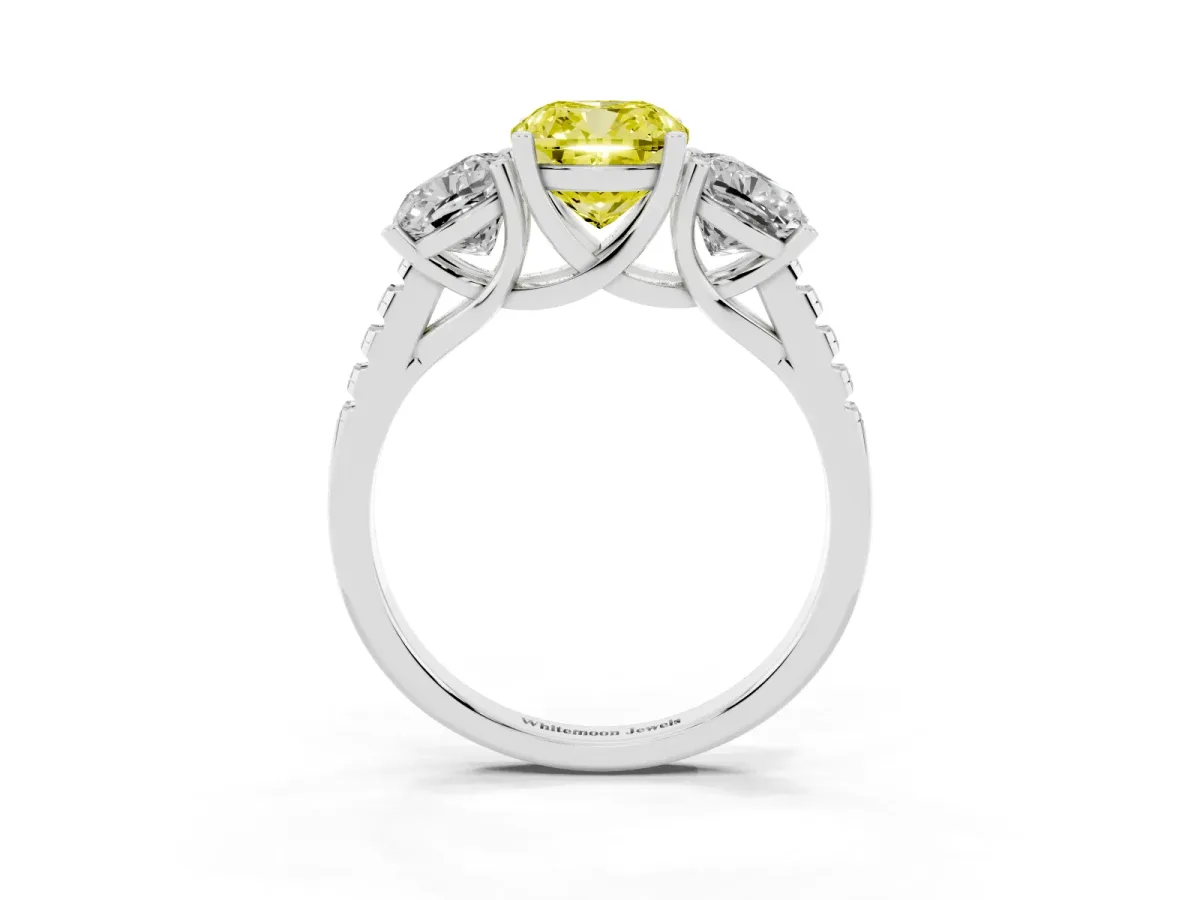 Fancy Yellow Three-Stone Cushion Cut Diamond Ring with Round Pavé Band and Prong Setting Silver