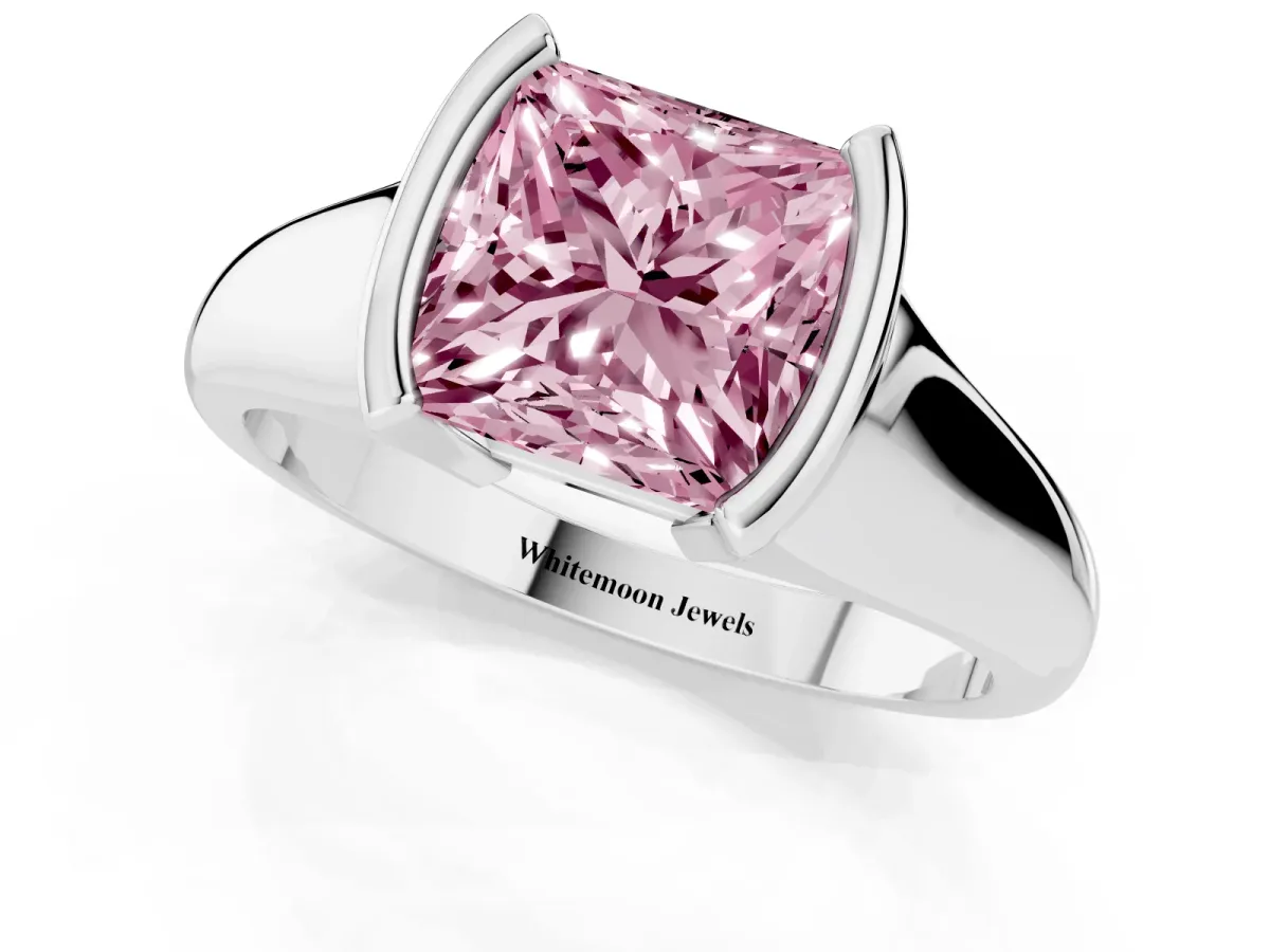 Fancy Pink Princess Cut Solitaire Tension Set Diamond Ring with Split Shank Band Platinum