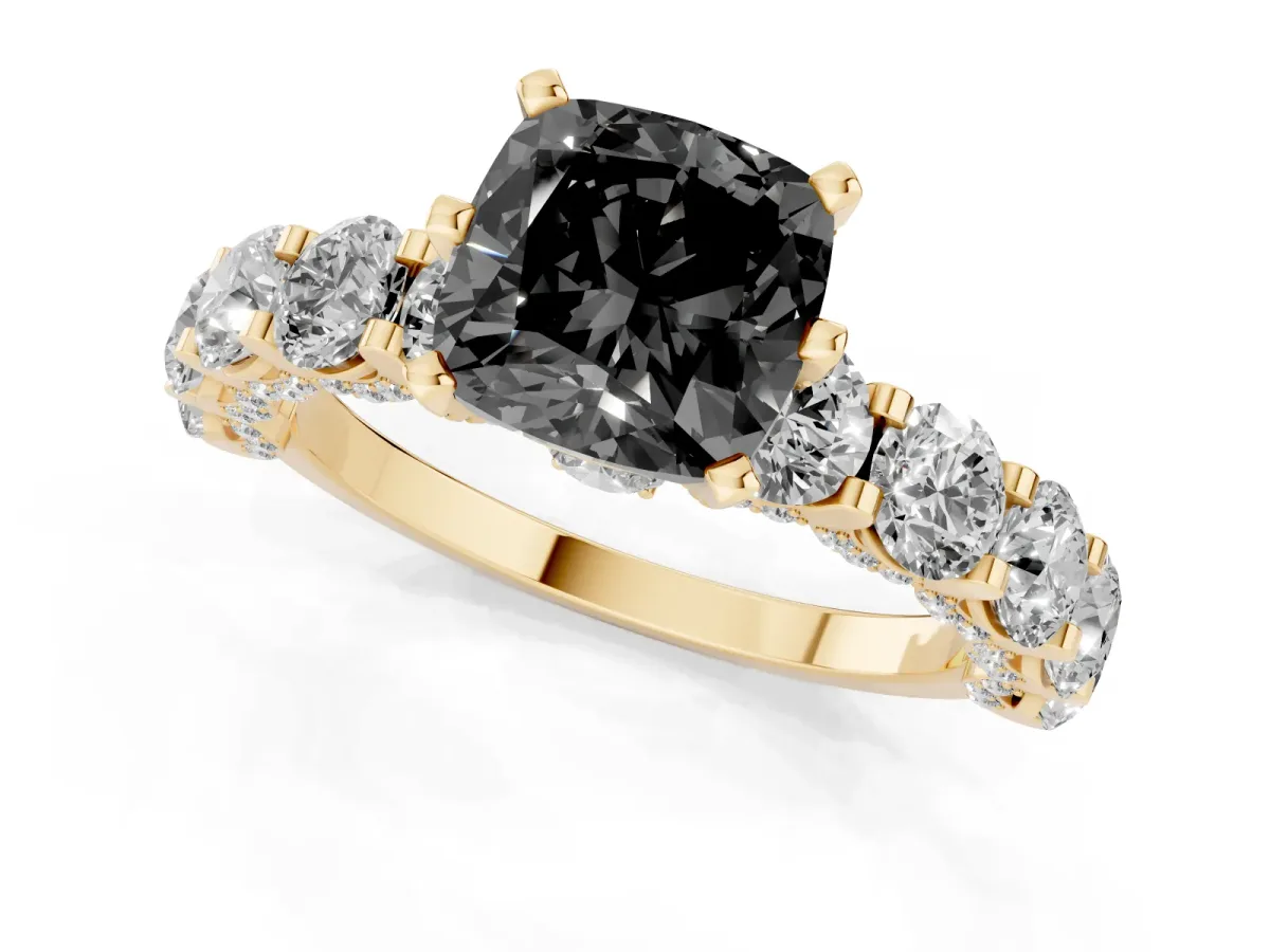 Fancy Black Cushion Cut Diamond Side Stone Engagement Ring with Four-Prong Setting Yellow gold