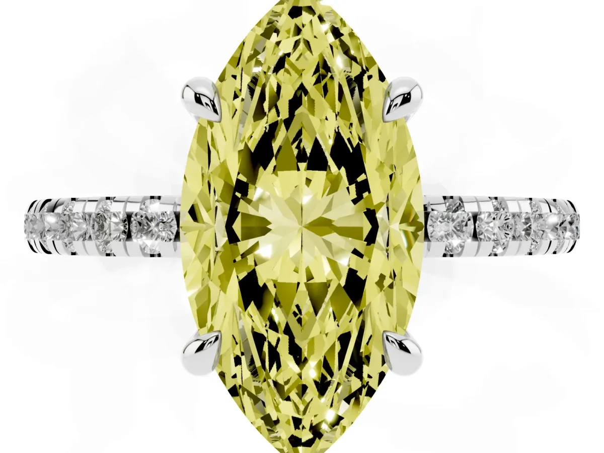 Fancy Yellow Marquise Cut Diamond Brilliant Solitaire Ring with Pavé Band and Four-Prong Setting Platinum