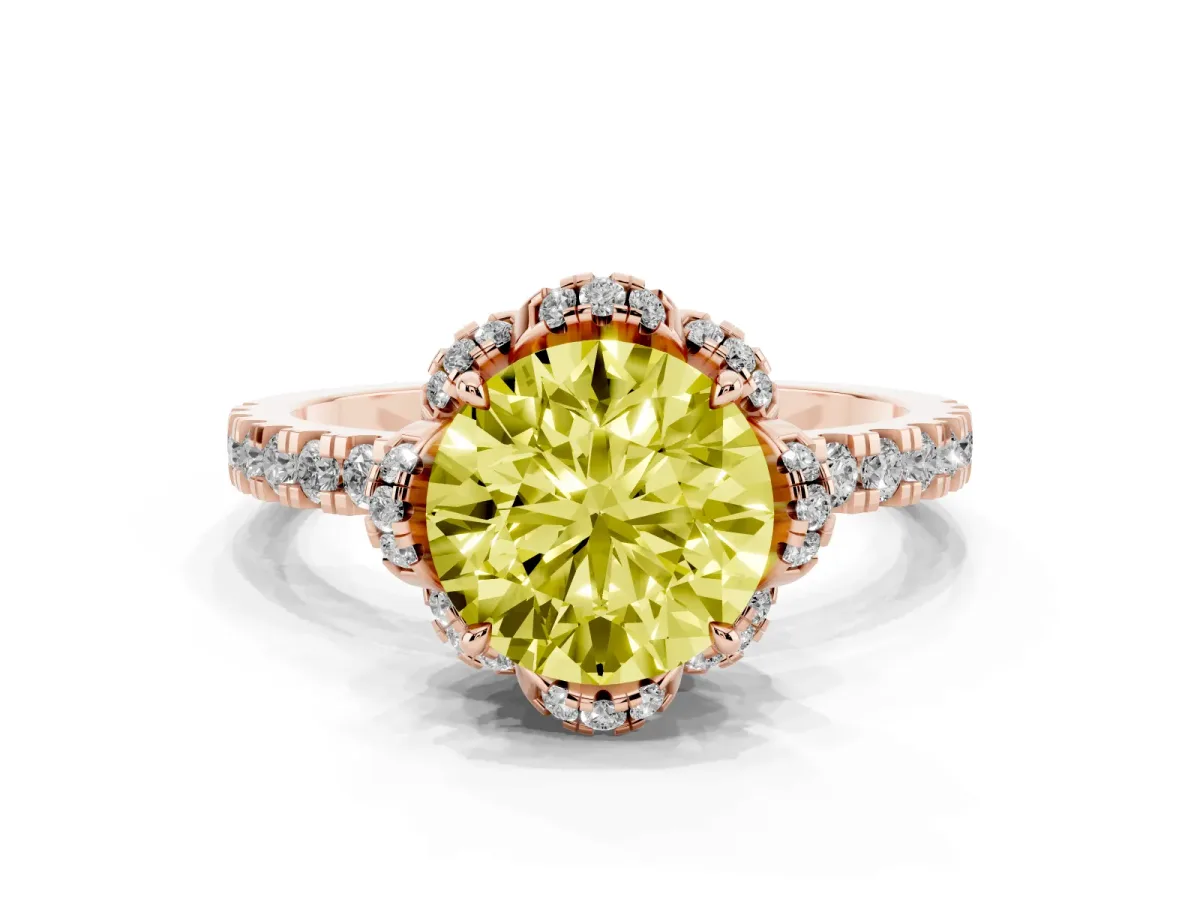 Fancy Yellow Round Cut Diamond Halo Pave Band with Four-Prong Setting Rose gold