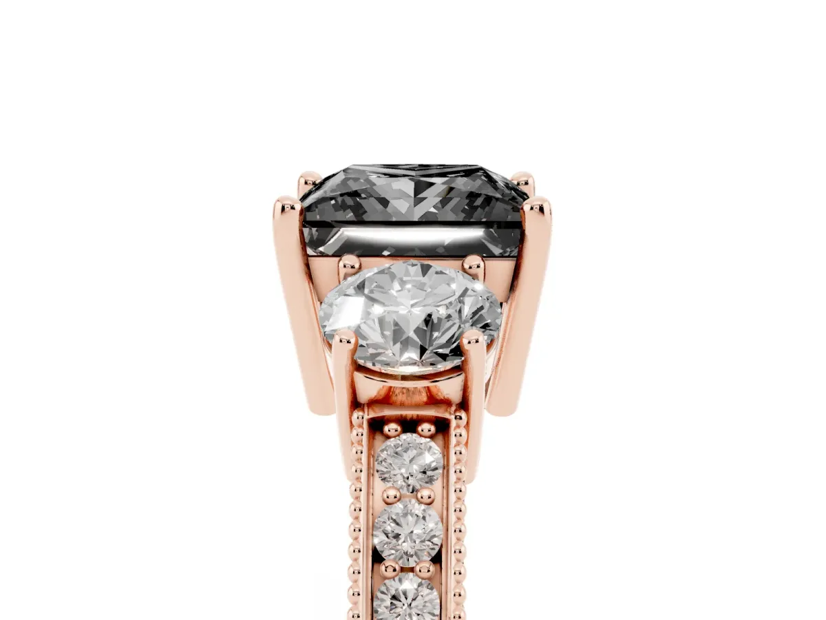 Fancy Black Princess Cut Three-Stone Diamond Ring with Pavé Band and Four-Prong Setting Rose gold