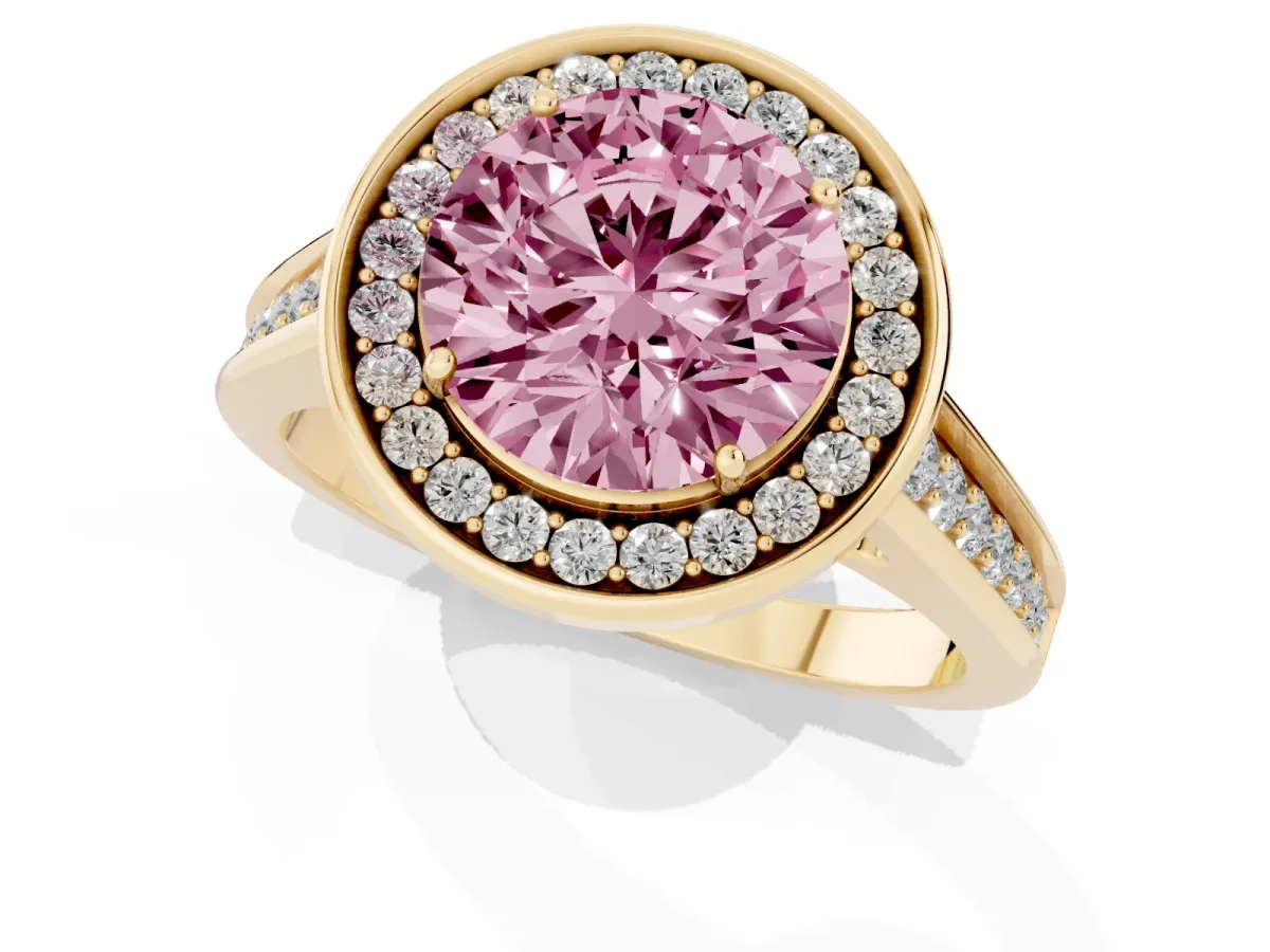 Fancy Pink Round Cut Halo Solitaire Diamond Ring with Pave Band and Bezel Setting Yellow gold