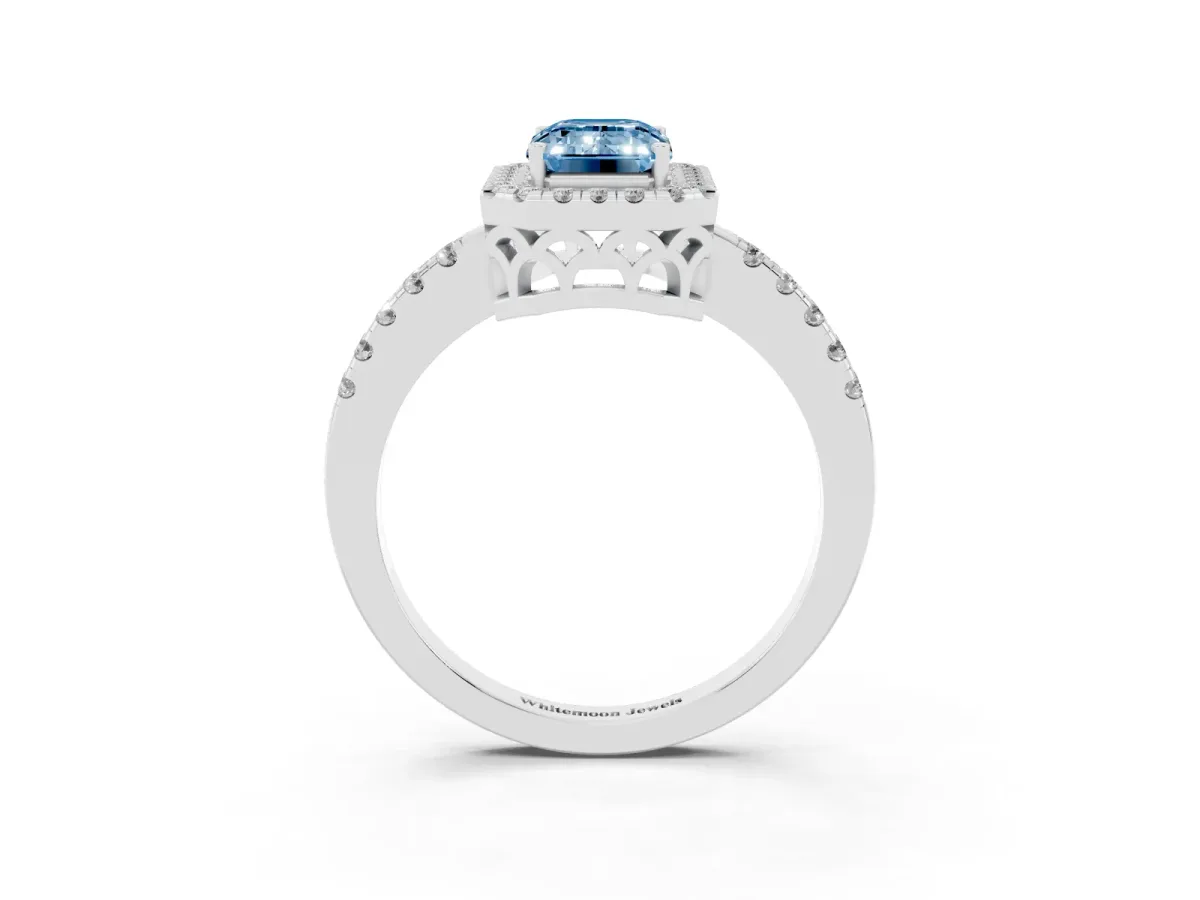Fancy Blue Emerald Cut Halo Diamond Engagement Ring with Pavé Band and Four-Prong Setting White gold