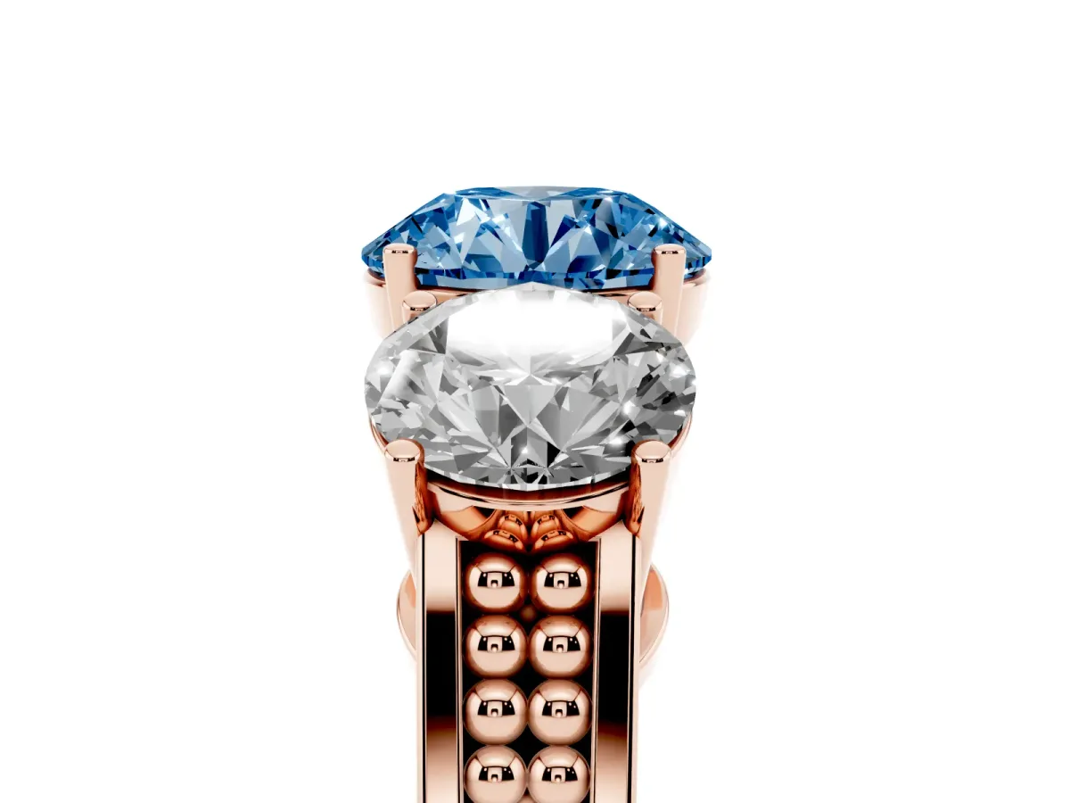Fancy Blue Round Cut Diamond Three-Stone Ring with Prong Setting and Textured Band Rose gold