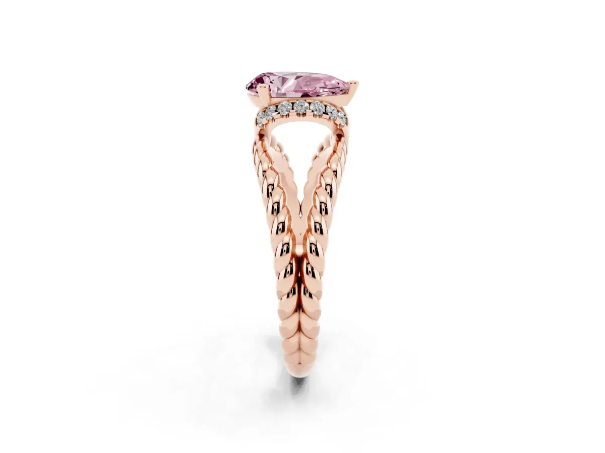 Fancy Pink Pear Cut Halo Twisted Band Four-Prong Ring Rose gold