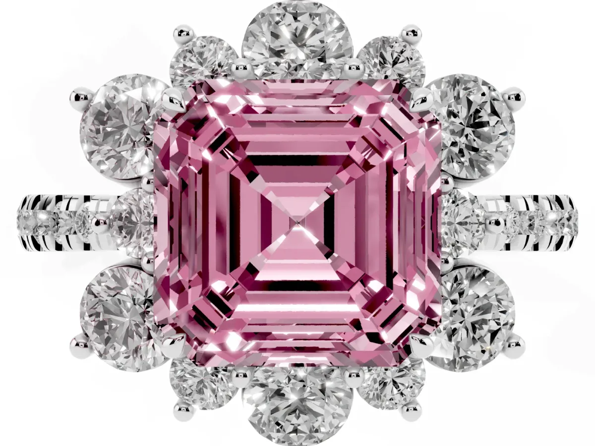 Fancy Pink Asscher Cut Diamond Floral Halo Ring with Round Pavé Band and Prong Setting White gold