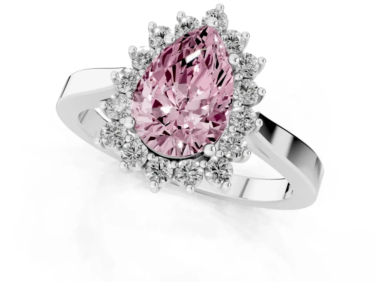 Fancy Pink Pear Cut Cut Diamond Halo Ring with Round Brilliant Halo and Solitaire Band White gold