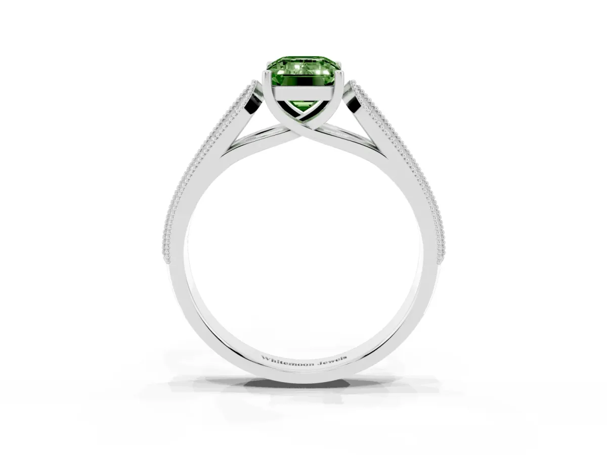 Fancy Green Emerald Cut Cut Pave Split Shank Engagement Ring with Four-Prong Setting Silver