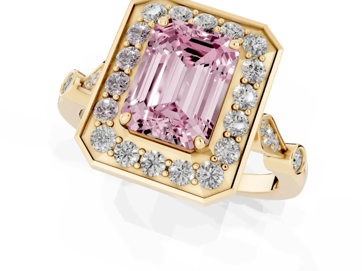 Fancy Pink Emerald Cut Halo Diamond Engagement Ring with Twisted Band and Four-Prong Setting Yellow gold