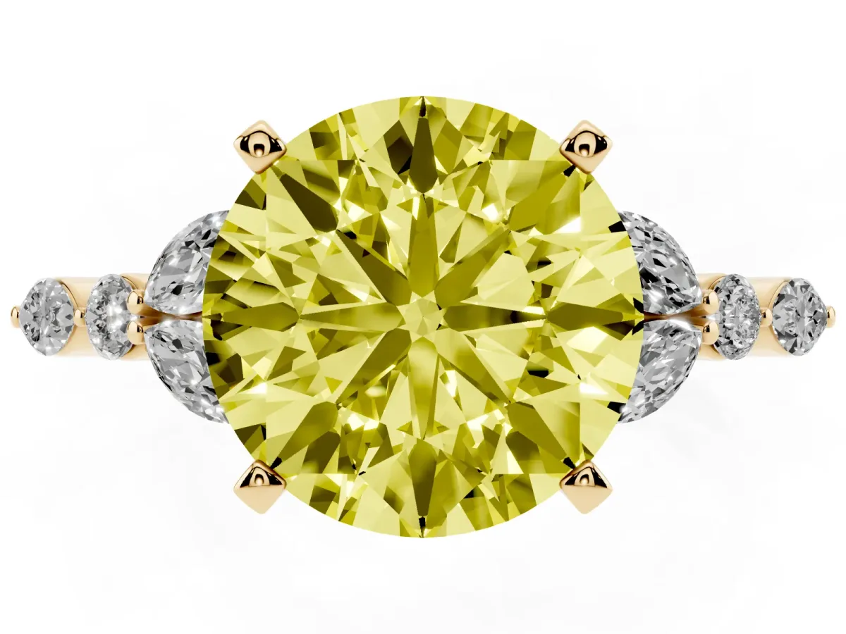 Fancy Yellow Round Cut Diamond Solitaire Ring with Side Stones and Four-Prong Setting Yellow gold