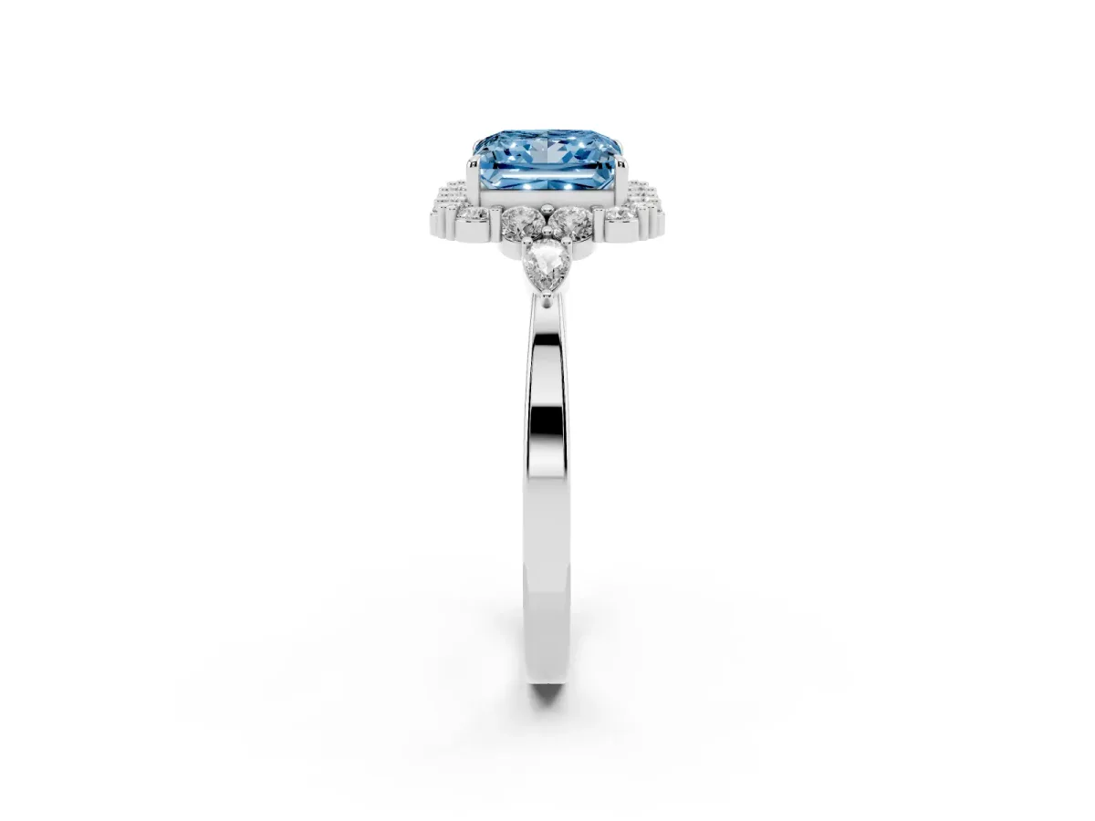 Fancy Blue Princess Cut Diamond Halo Ring with Pear Side Stones and Prong Setting Silver