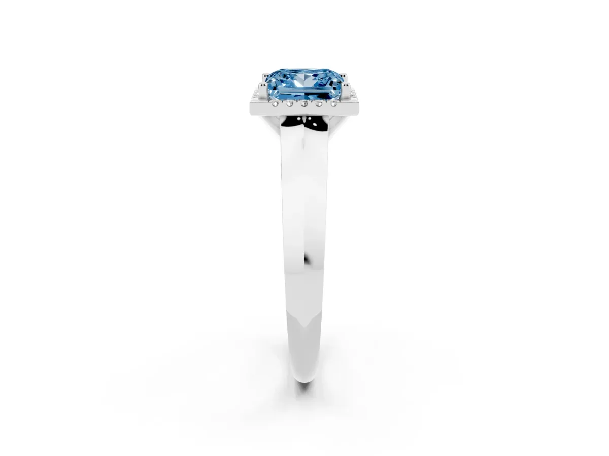 Fancy Blue Princess Cut Halo Diamond Ring with Cathedral Band and Four-Prong Setting Platinum