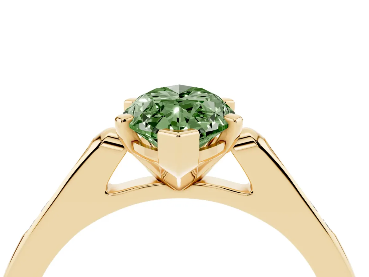 Fancy Green Marquise Cut Diamond Solitaire Ring with Channel Set Round Band and Prong Setting Yellow gold