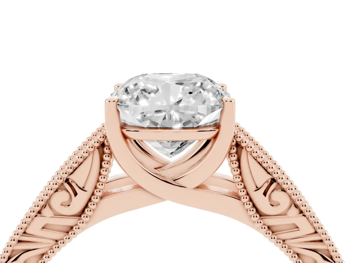 Cushion Cut Diamond Solitaire Ring with Engraved Band and Four-Prong Setting Rose gold