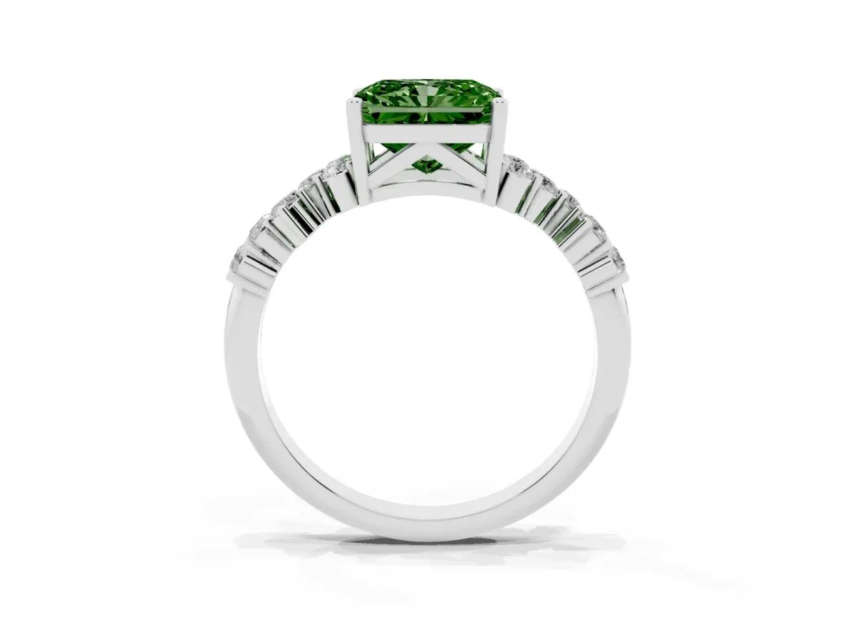 Fancy Green Radiant Cut Diamond Scattered Round Accent Ring with Prong Setting White gold