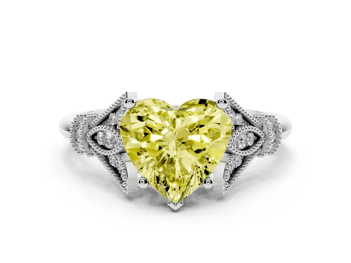 Fancy Yellow Heart Cut Diamond Solitaire Ring with Floral Filigree and Pave Accents Platinum