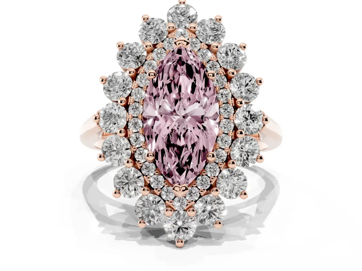 Fancy Pink Marquise Cut Diamond Floral Double Halo Engagement Ring with Prong Setting Rose gold