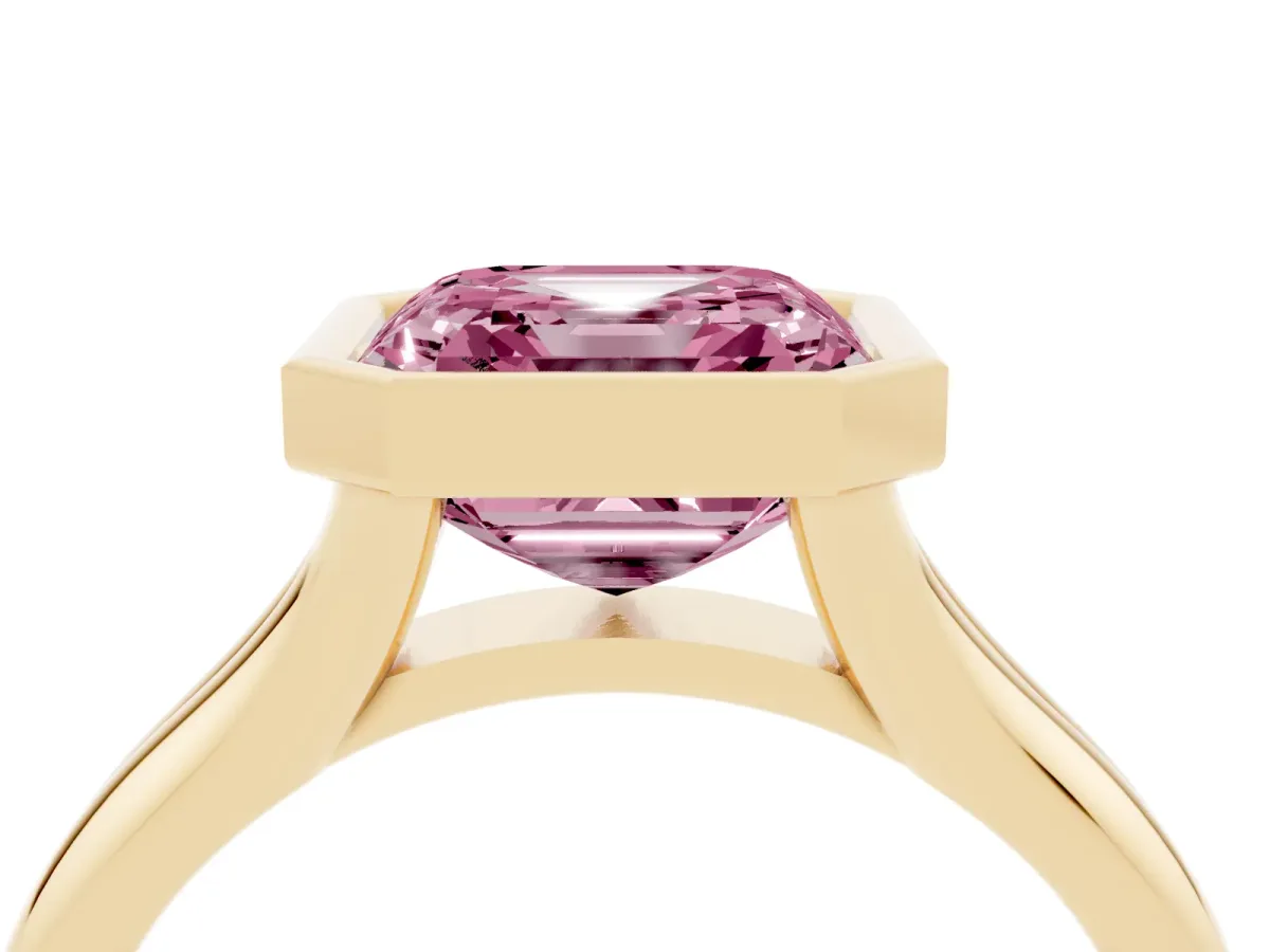 Fancy Pink Bezel Set Asscher Cut Solitaire Diamond Ring with Smooth Band Yellow gold