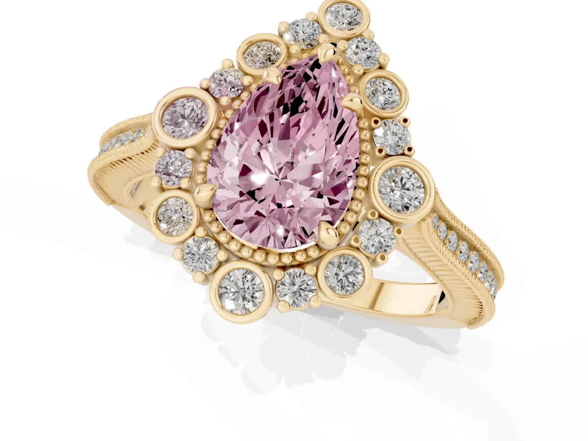 Fancy Pink Pear Cut Halo Milgrain Pave Diamond Ring with Four-Prong Setting Yellow gold