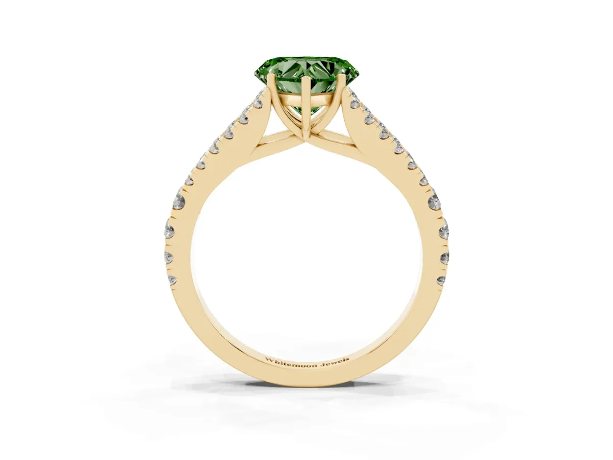 Fancy Green Heart Cut Diamond Split Shank Pavé Engagement Ring with Four-Prong Setting Yellow gold