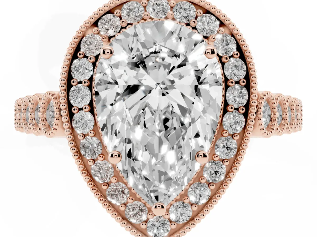 Pear Cut Halo Milgrain Solitaire with Bezel Set Side Stones and Pave Band Rose gold