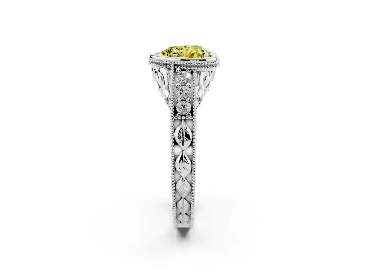 Fancy Yellow Bezel Set Heart Cut Diamond Milgrain Pave Engagement Ring Silver