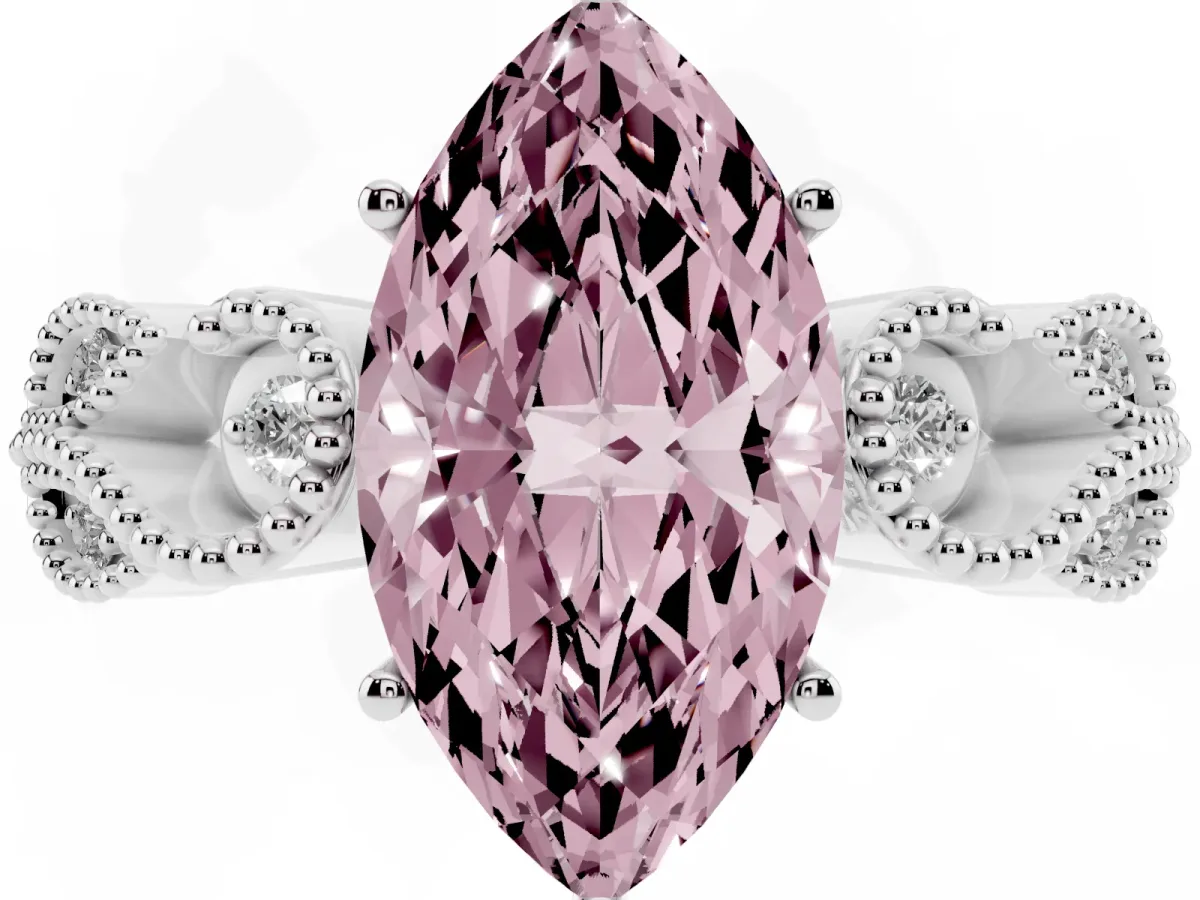 Fancy Pink Marquise Cut Solitaire Milgrain Leaf Band with Prong Setting Silver