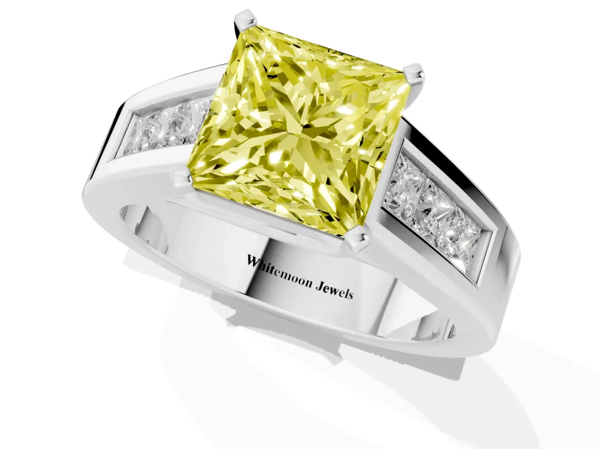 Fancy Yellow Princess Cut Cut Channel Set Solitaire Ring with Four-Prong Setting Platinum