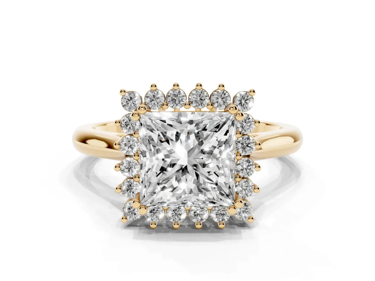 Princess Cut Cut Diamond Halo Ring with Solitaire Band and Prong Setting Yellow gold
