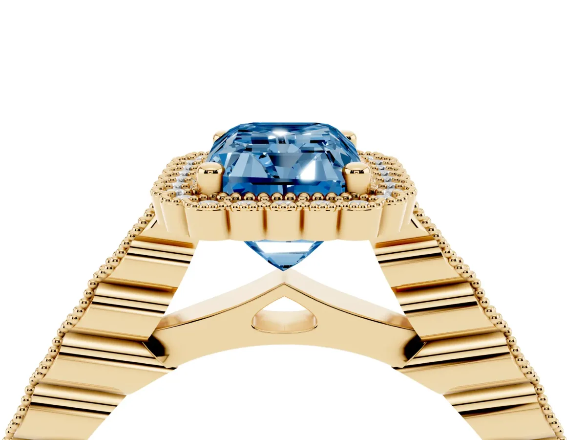 Fancy Blue Radiant Cut Cut Halo Pavé Solitaire Ring with Milgrain Band Yellow gold