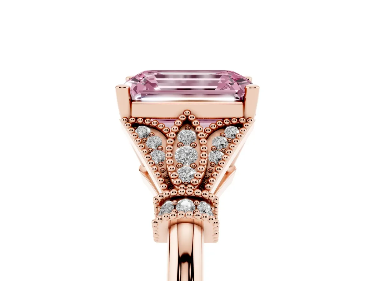 Fancy Pink Emerald Cut Diamond Solitaire Ring with Floral Filigree and Pave Accents Rose gold