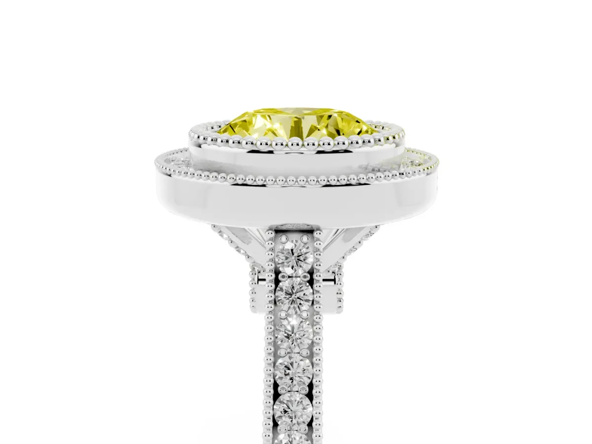 Fancy Yellow Round Cut Diamond Halo Ring with Milgrain Frame and Pavé Band Silver