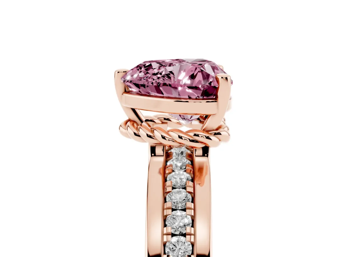 Fancy Pink Heart Cut Solitaire Diamond Ring with Channel Set Band and Six-Prong Setting Rose gold