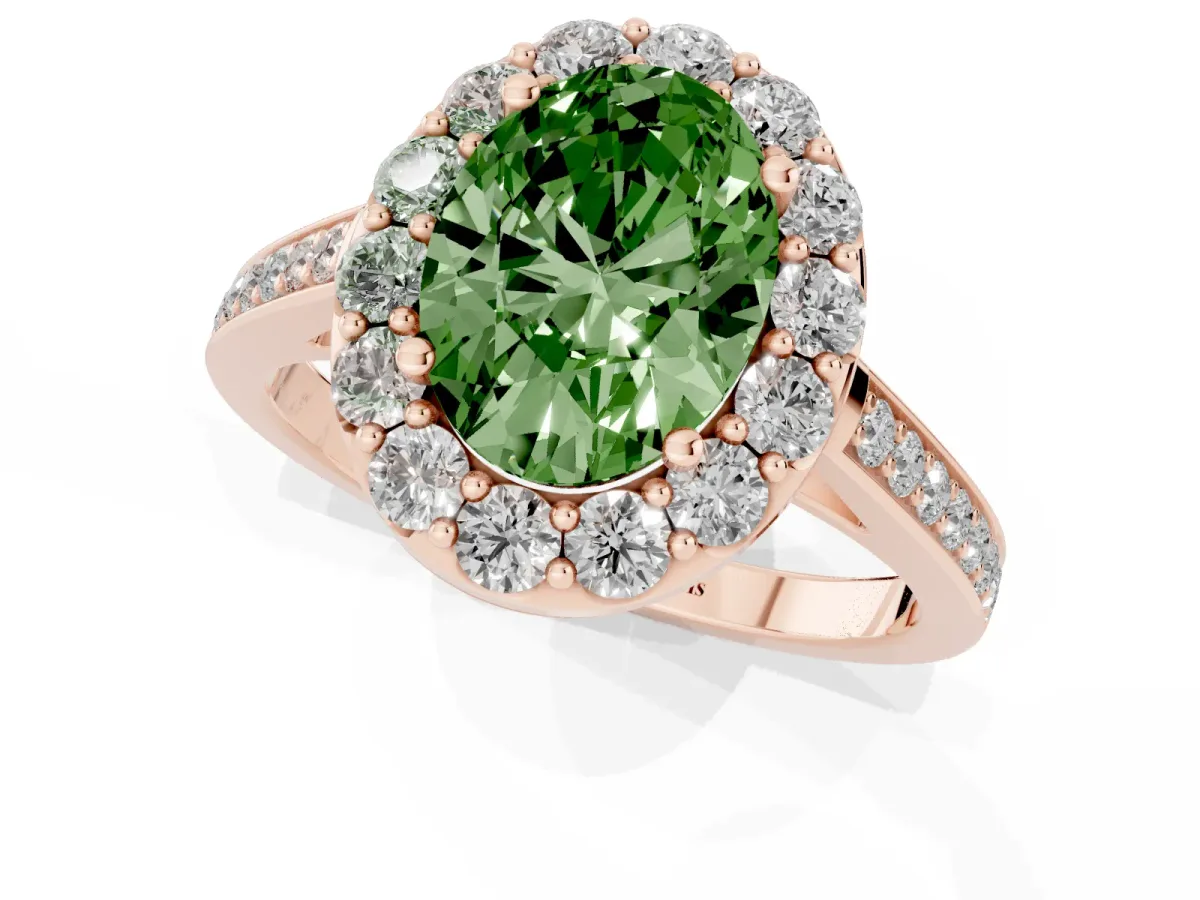 Fancy Green Oval Cut Diamond Floral Halo Ring with Pavé Band and Prong Setting Rose gold