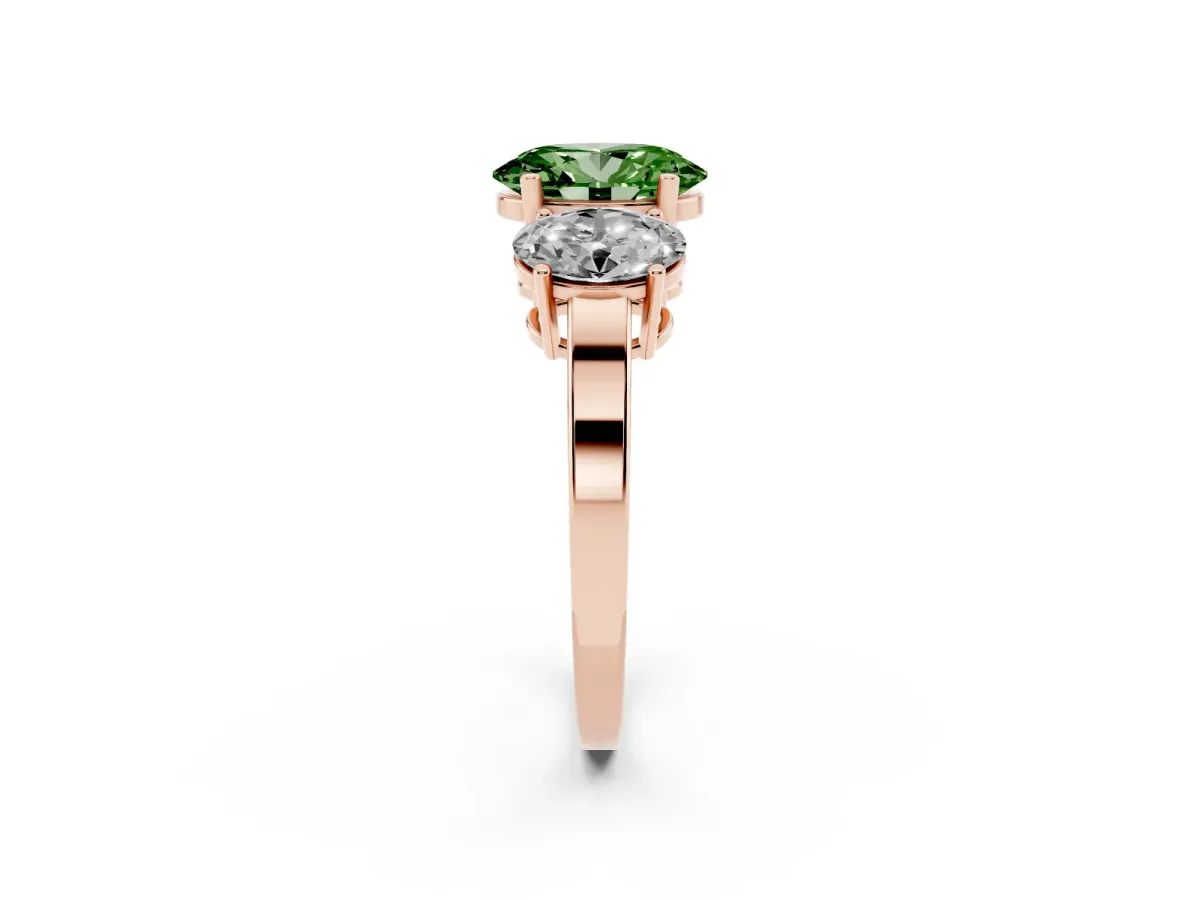 Fancy Green Three-Stone Oval Cut Cut Diamond Engagement Ring with Flat Band and Four-Prong Setting Rose gold