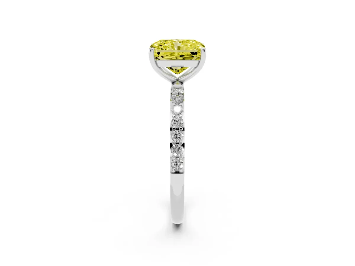 Fancy Yellow Radiant Cut Diamond Solitaire Ring with Round Pavé Shoulders and Prong Setting Silver