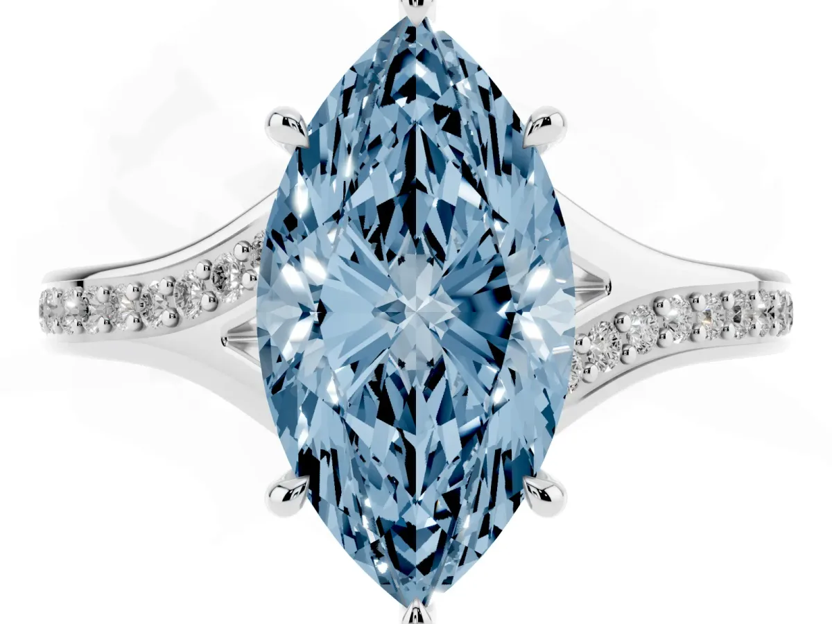 Fancy Blue Marquise Cut Diamond Solitaire Ring with Pavé Band and Prong Setting Silver