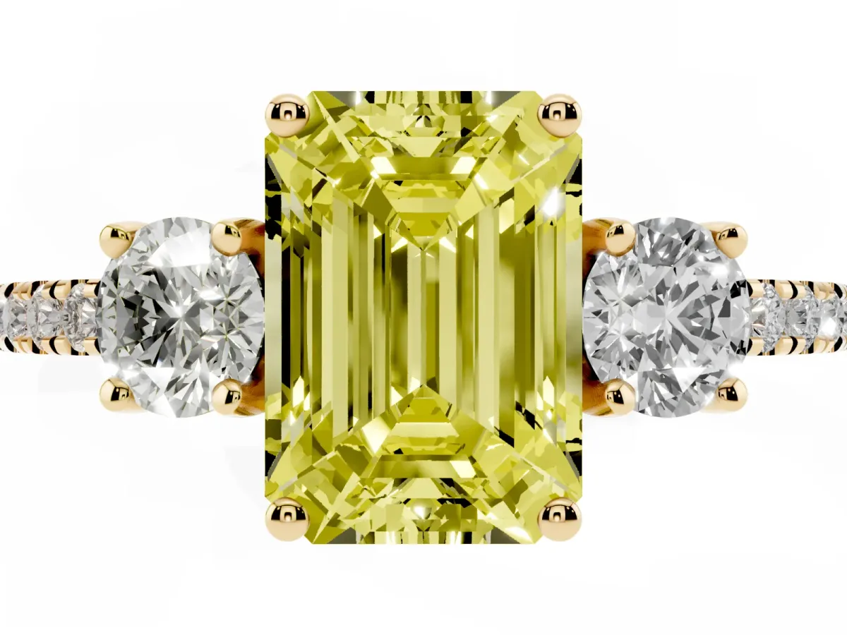 Fancy Yellow Three-Stone Emerald Cut Cut Diamond Pavé Band with Prong Setting Yellow gold