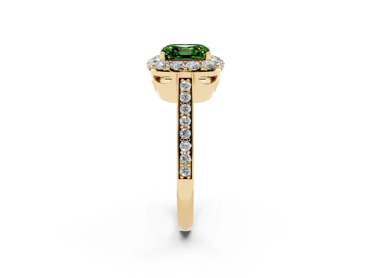 Fancy Green Asscher Cut Diamond Floral Halo Ring with Pavé Band and Prong Setting Yellow gold
