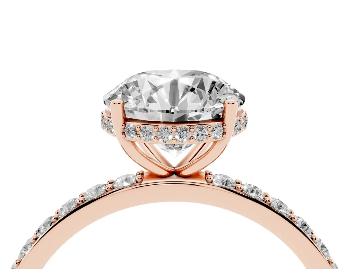 Round Cut Diamond Solitaire Ring with Pavé Band and Hidden Halo Rose gold