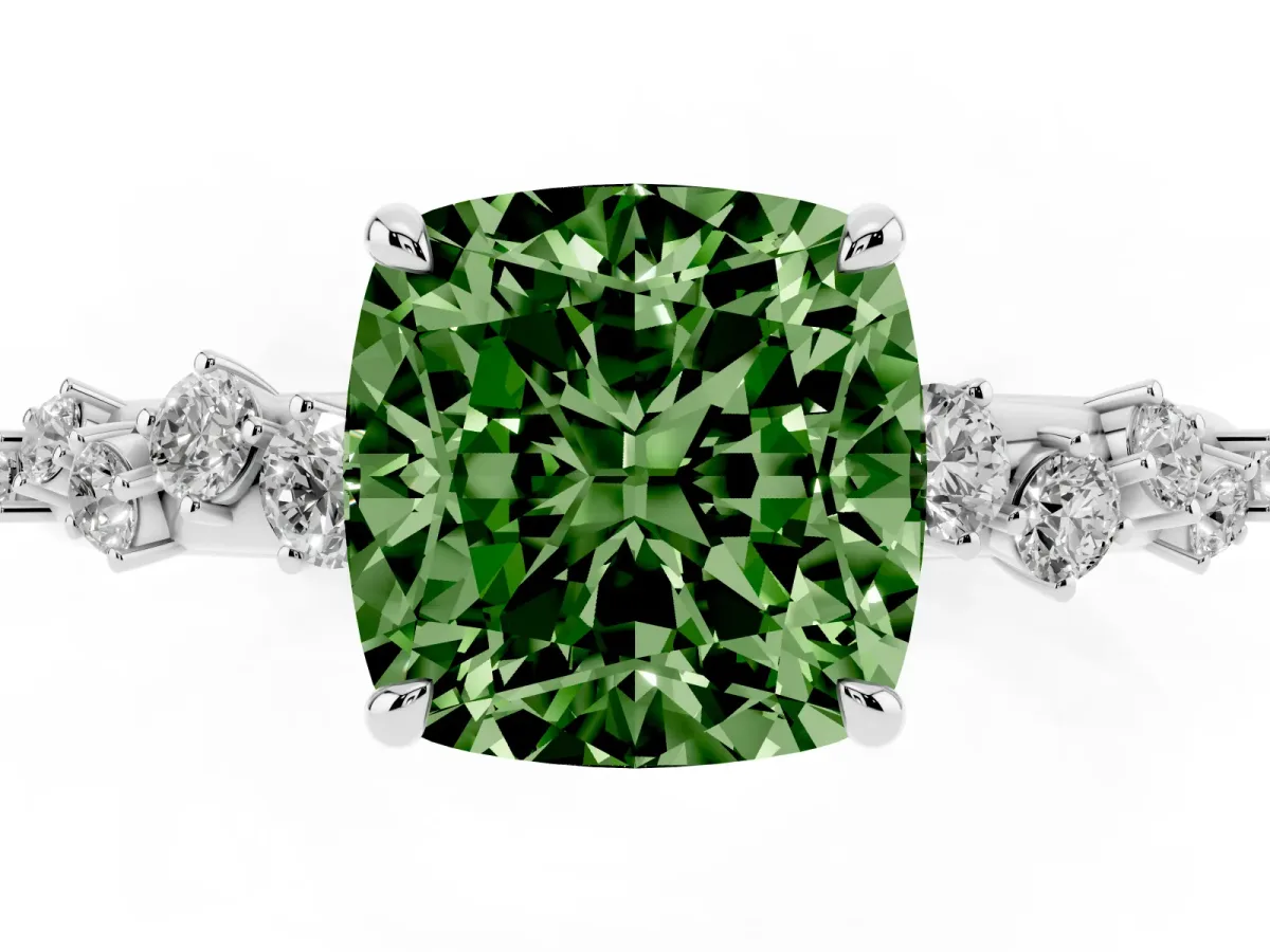 Fancy Green Cushion Cut Diamond Cluster Prong-Set Solitaire Ring Silver