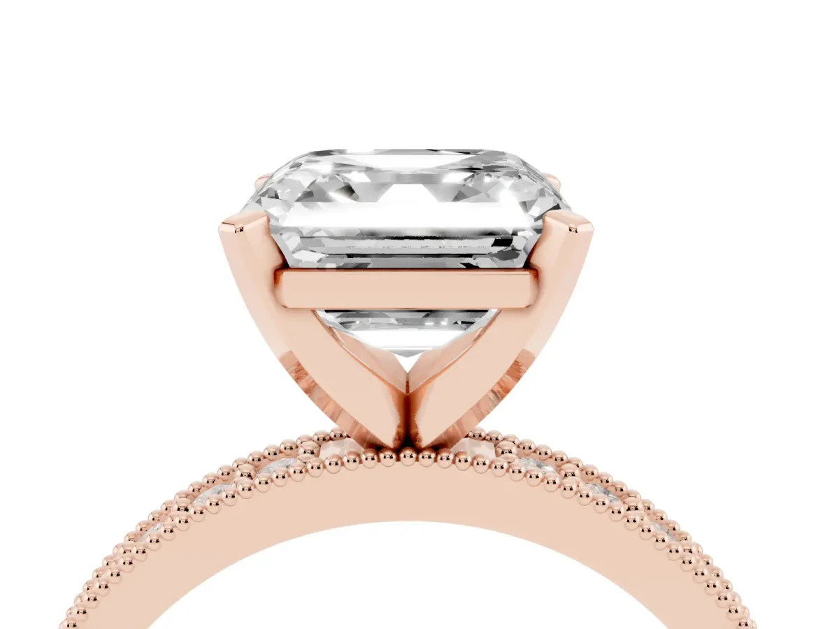 Asscher Cut Diamond Milgrain Pavé Engagement Ring with Four-Prong Setting Rose gold