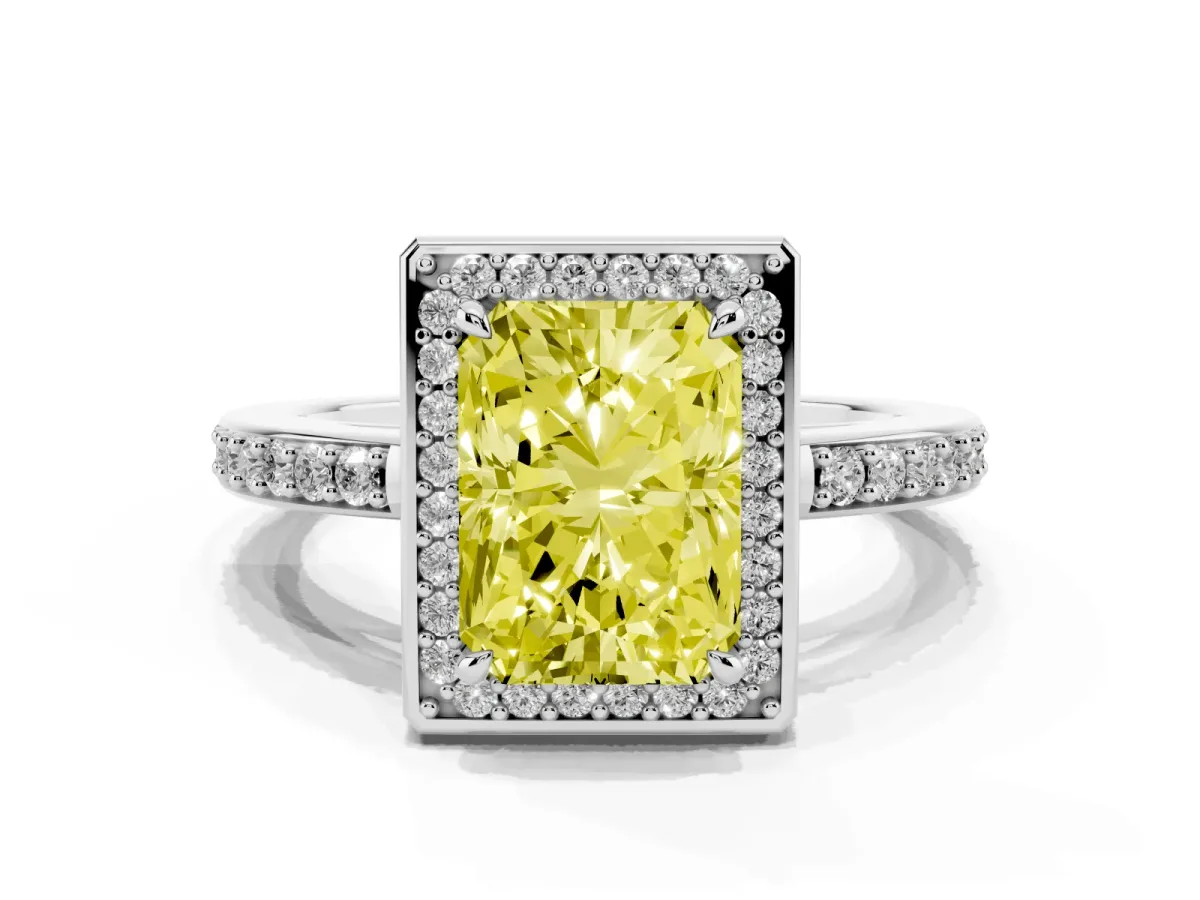 Fancy Yellow Radiant Cut Halo Pave Band Solitaire Ring with Prong Setting Silver
