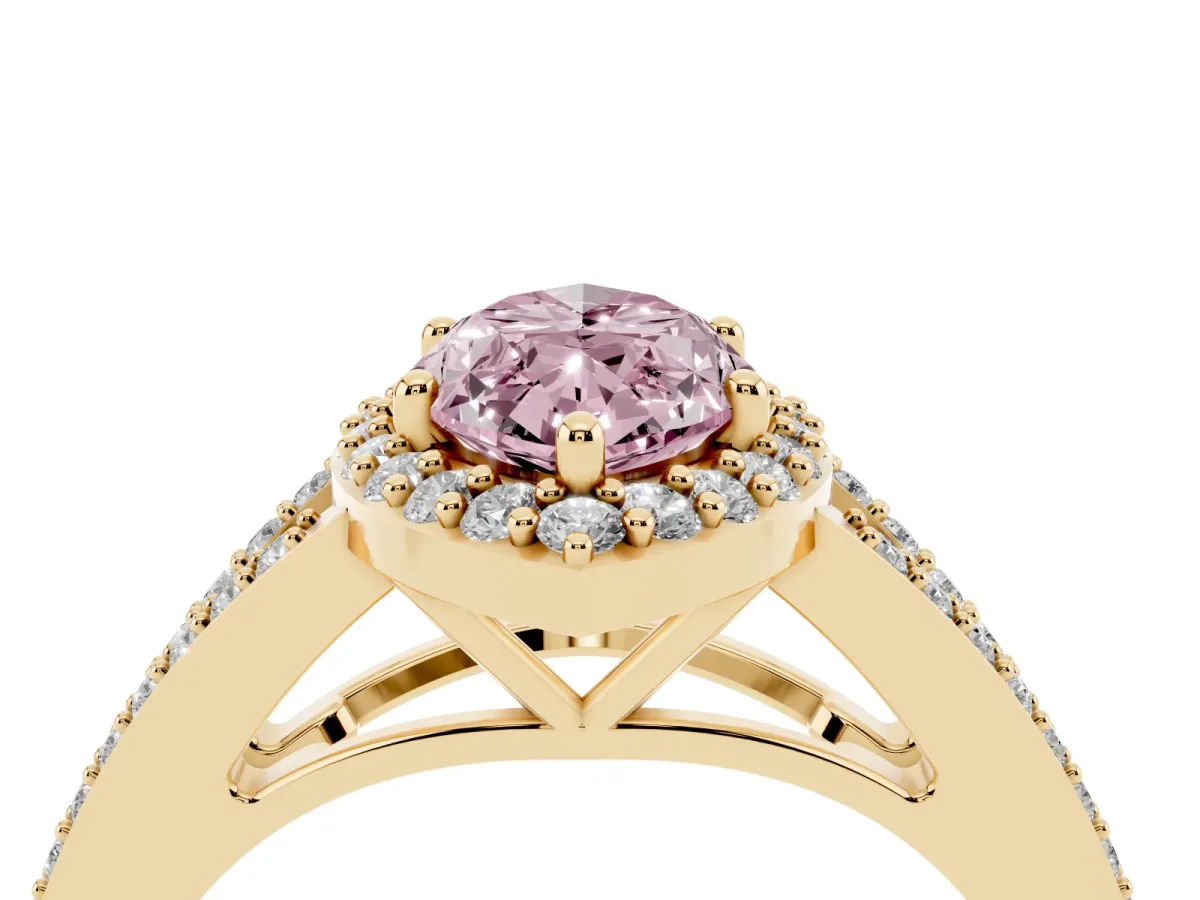 Fancy Pink Marquise Cut Halo Split Shank Diamond Ring with Prong Setting Yellow gold