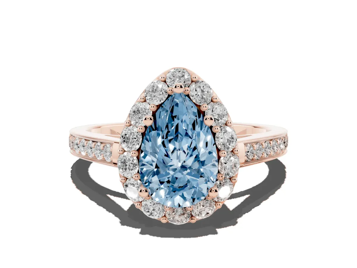 Fancy Blue Pear Cut Diamond Floral Halo Ring with Pavé Band and Prong Setting Rose gold